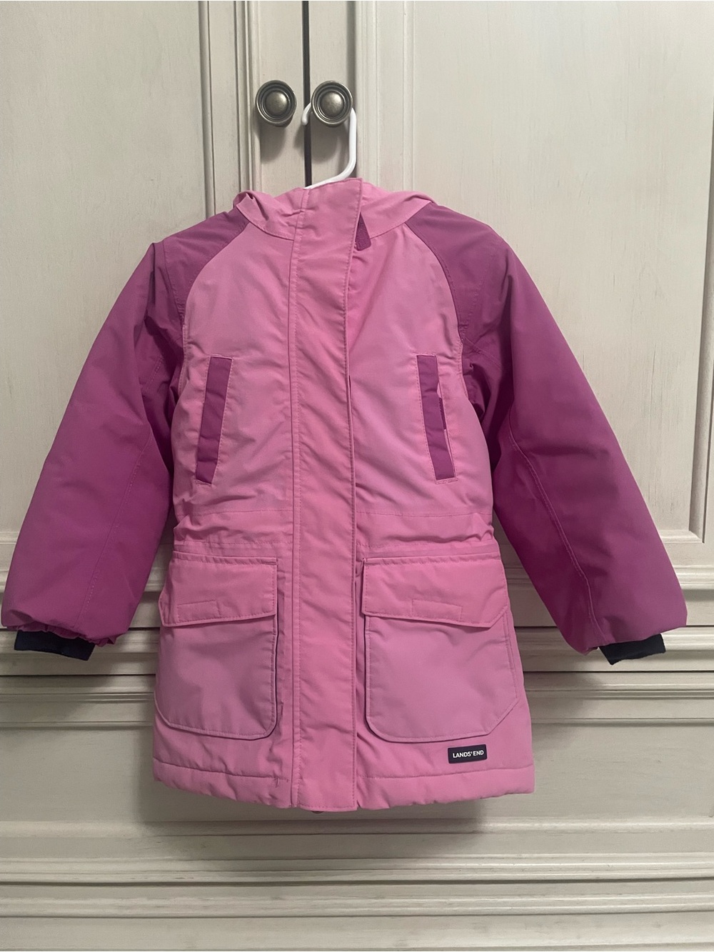 Lands' End Two-Tone Pink Kids Puffer Coat with Hood